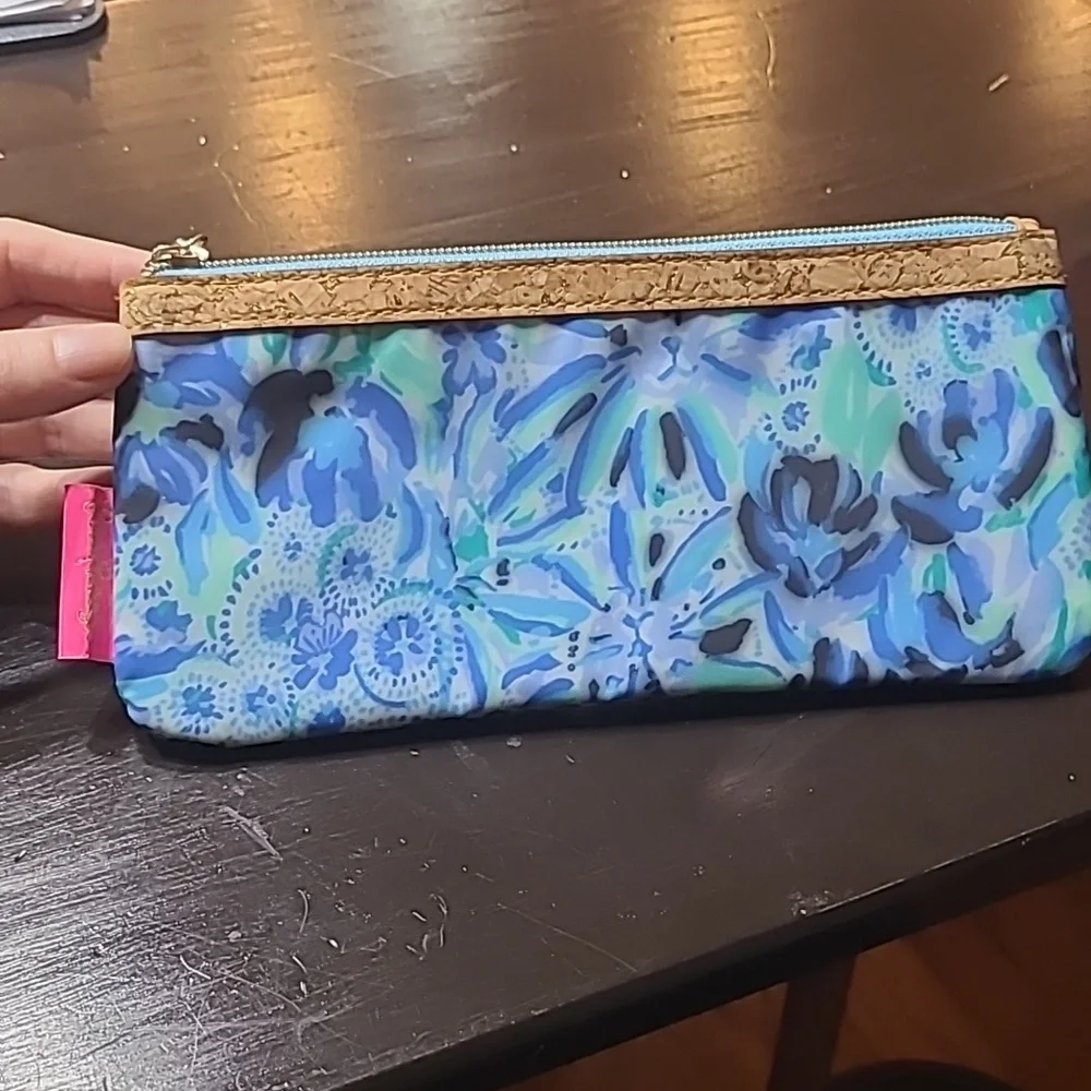 Lilly Pulitzer Blue Floral With Cork Detail Zipper Pencil Pouch